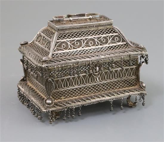 A 19th century Indian silver filigree casket, 15cm.